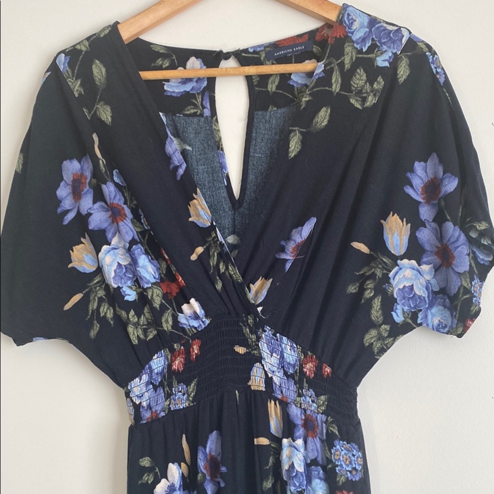 Black Floral Jumpsuit with Dolman Sleeves and V-Neck - Picture 2 of 9